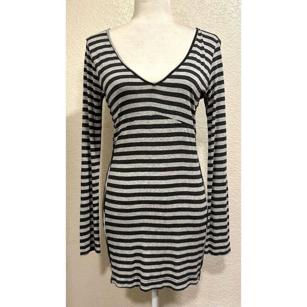 Anthropologie Little Yellow Button Grey Striped Tunic Top